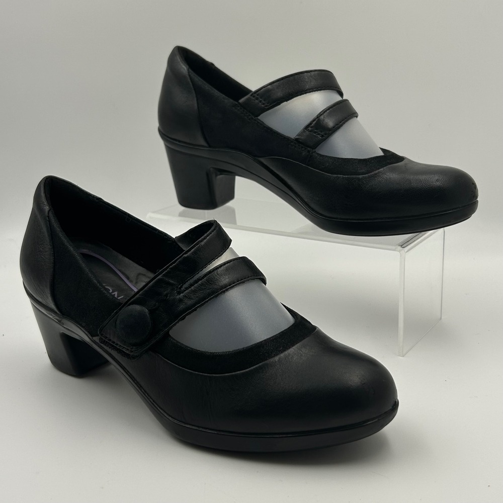 Aravon Mary Jane Pumps Womens 7.5 Black Leather Double Strap Block Heel Career
